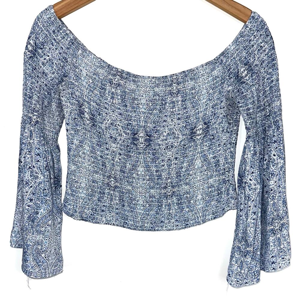 Garage Blue Paisley Smocked Bell Sleeve Crop Top Size Medium